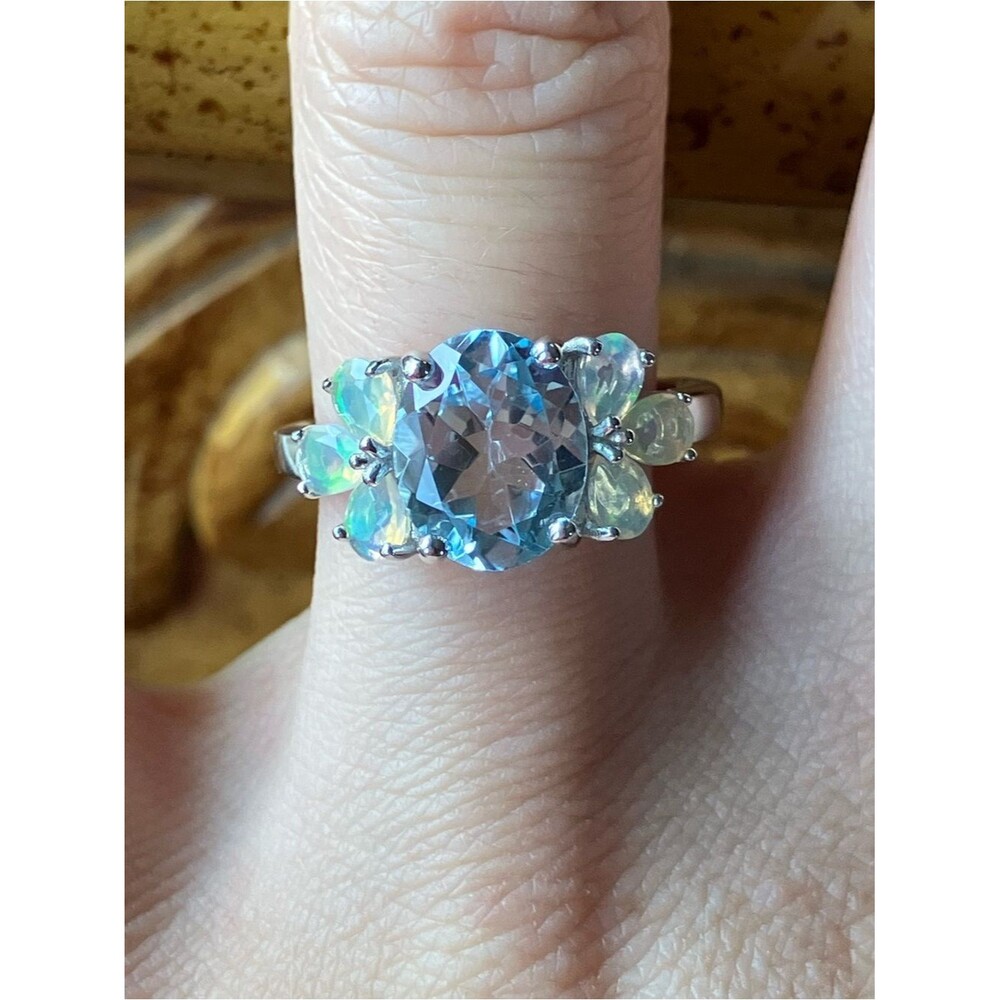 Brazilian Blue Topaz Ethiopian Opal Sterling Silver Ring Size 6.75